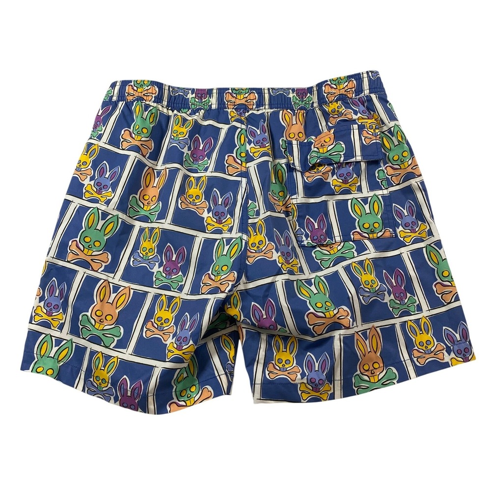 Psycho Bunny Mens Blue Multi Bunny Skull Grid Print Swim Trunks Size L 5.5" - Picture 2 of 9